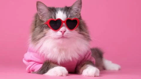 Portrait of a funny fluffy cat wearing heart sunglasses on a pink background Stock Footage 263449806