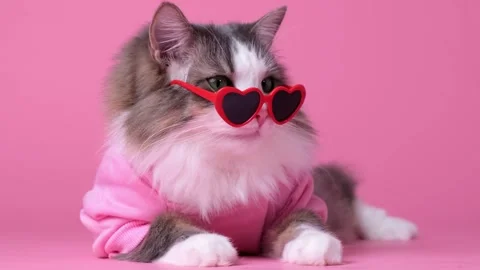 Portrait of funny fluffy cat wearing heart sunglasses on a pink background. Stock Footage 263449824