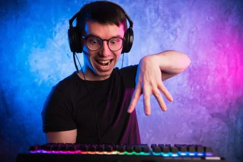 Portrait of funny nerd working on computer Stock Photos