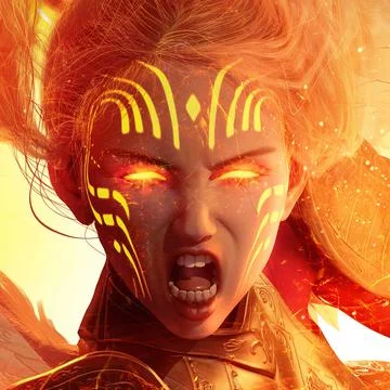 Portrait of a furious angel woman, her eyes burning with divine anger, fiery  Stock Illustration