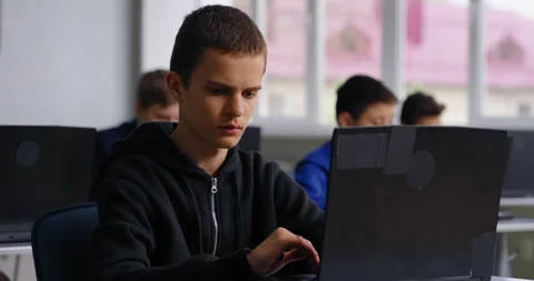 Portrait Of Future Programmer Or IT Professional, Teen Student Working With PC Stock Footage 280173235
