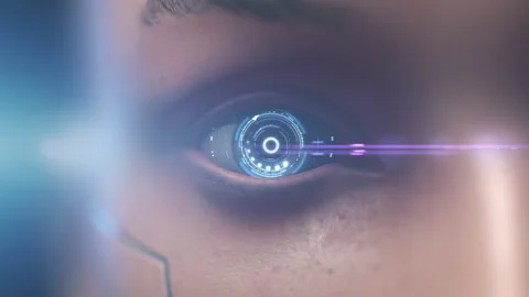 Portrait of a futuristic man with a smooth camera zoom. concept of human futu Video stock 147975464