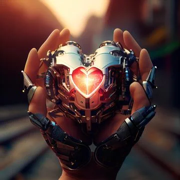 Portrait of a futuristic robot with a mechanical heart in his hands. An artistic Stock Illustration
