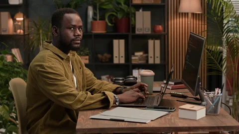 Portrait of Gen Z Programmer Coding on Digital Gadgets at Eco Office Stock Footage 302892964