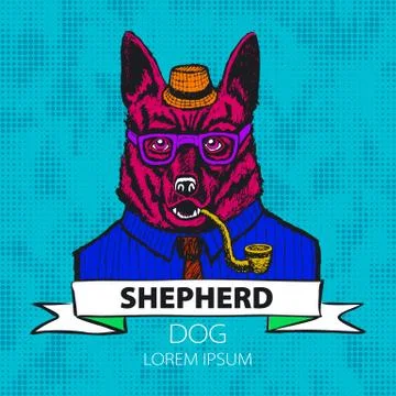 Portrait of German Shepherd. Hand-drawn illustration, digitally colored. vect Stock-Illustration