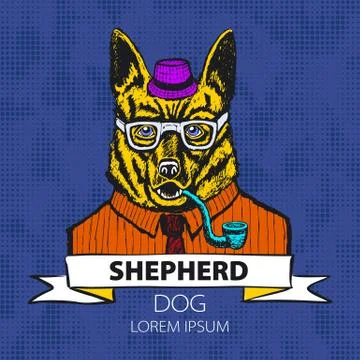 Portrait of German Shepherd. Hand-drawn illustration, digitally colored. vect Stock Illustration