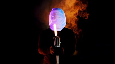 Portrait of a ghost covered with white fabric ribbons. Stock Footage 285583376