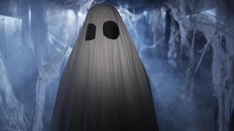 Portrait of a ghost in a white sheet with black eyes among the web in the smoke Stock Footage 313670310