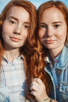 Portrait of ginger twins looking at camera. Having a best friend is so much fun Foto stock
