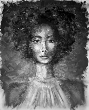 Portrait of a girl black and white oil painting Stock Illustration