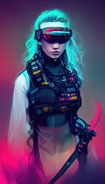 Portrait of a girl in a futuristic cyberpunk style in a cyber suit. A high-tech Stock Illustration