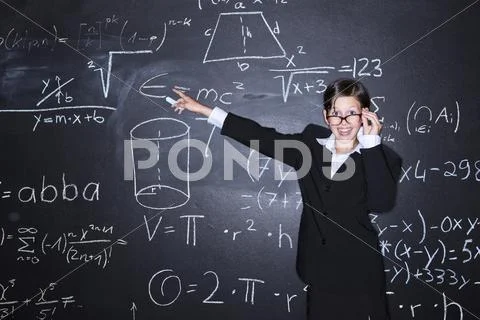Portrait of girl holding chalk and solving problems Stock Photos