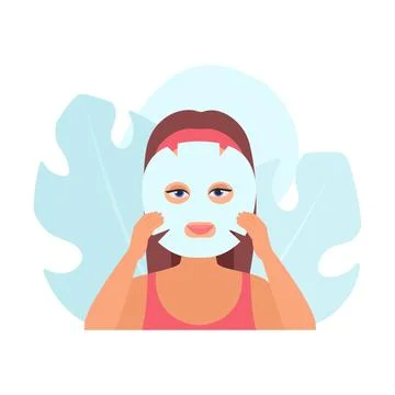 Portrait of girl using tissue face mask to moisturize and nourish skin Illustrazione stock