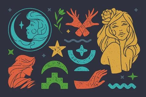 Portrait of goddess moon with star at boho crescent Stock Illustration