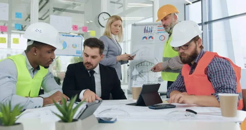 Portrait of good-looking concentrated professional team of male and female Stock Footage 145801422