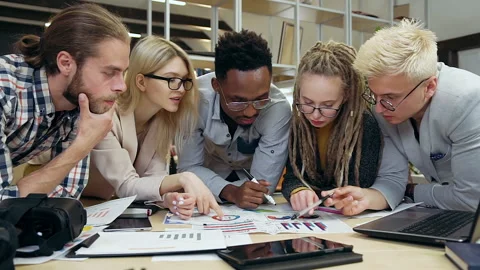 Portrait of good-looking high-spirited experienced multiracial young group which Stock Footage 133645888