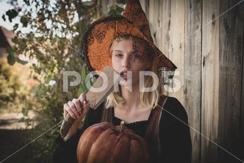 Portrait of gorgeous blonde fairy. Portrait of a gorgeous blonde witch in black Stock Photos