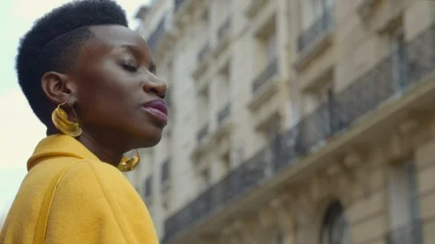 Portrait of gorgeous model looking boldly outward as she travels in Paris Stock Footage 120551715
