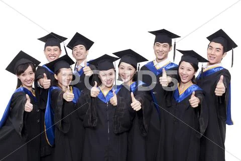 Portrait of graduates showing thumbs up Stock Photos