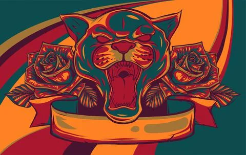 Portrait of a grinning Panther with a roses vector Stock Illustration