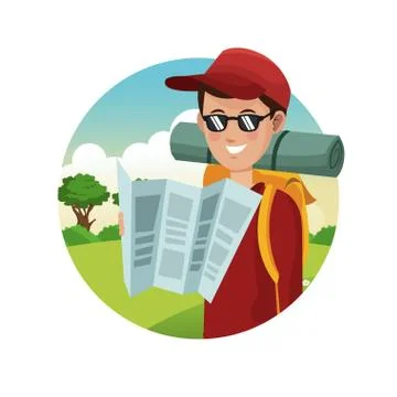 Portrait guy rucksack map sunglasses red cap landscape background Illustrazione stock