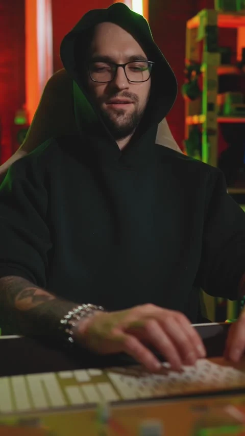 Portrait of hacker man during work, anonymous internet user stealing data from Stock Footage 287903444