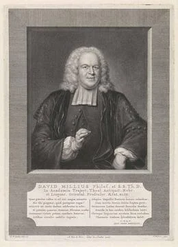 . Portrait in half of David Millius in a rectangular window. Under the por... Stockfoto's