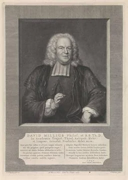 . Portrait in half of David Millius in a rectangular window. Under the por... Stockfoto's