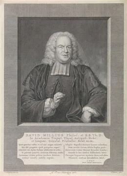 . Portrait in half of David Millius in a rectangular window. Under the por... Stockfoto's