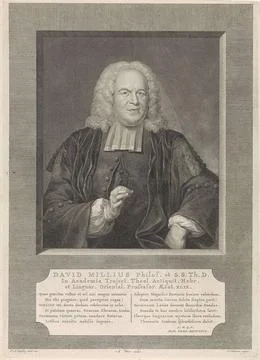 . Portrait in half of David Millius in a rectangular window. Under the por... Stockfoto's