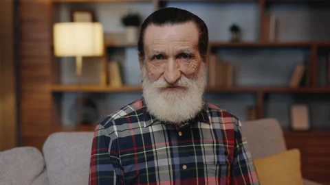 Portrait of Handsome Elderly Man Sitting in the Living Room. Calm Old Gentleman Stock Footage 234045439