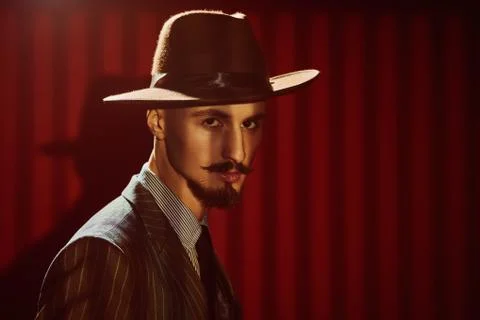 Portrait of a handsome man in elegant classical suit and a hat standing in a  Stock Photos