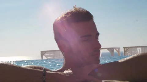 Portrait of a handsome man in the pool, Close up Stock Footage 145080636