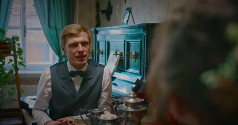 Portrait of handsome man in retro interior room in 19th century, vintage Stock Footage 264507082