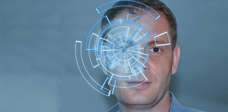 Portrait of handsome man with tech pattern on eye. Digital ID concept, eye re Foto stock