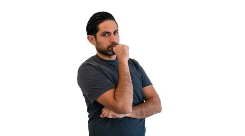 Portrait handsome man thinking try solve problem pose over isolated backgroun Stock Photos
