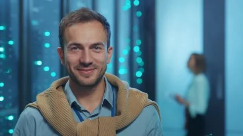 Portrait of handsome server specialist using laptop computer coworking in team Stock-Fotos