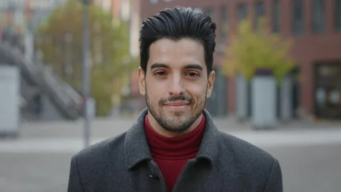 Portrait of the Handsome Smiled Multi Ethnic Businessman Standing Near Office Stock Footage 237465173