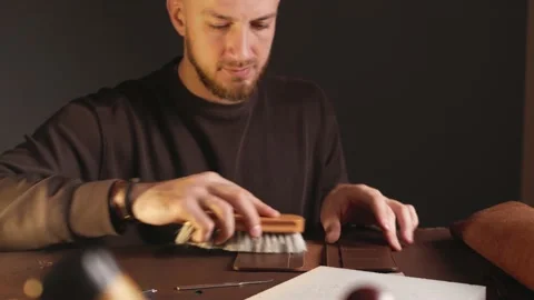 Portrait of handsome tanner man at work, manual production, small business Stock Footage 173424199