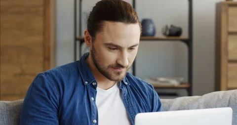 Portrait of the handsome young man using laptop computer on the couch in the Stock Footage 87054547