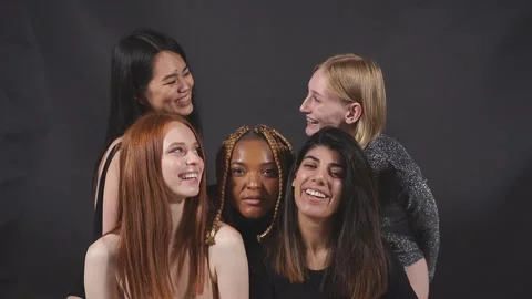 Portrait of happy cheerful diverse models laughing, enjoying time together. Stock Footage 150543766