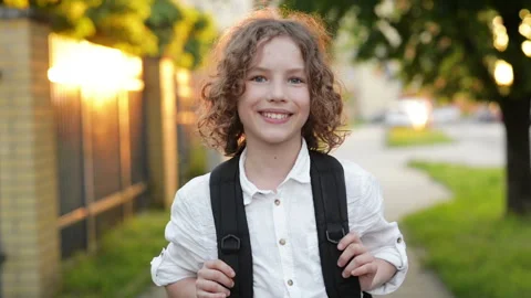 Portrait of Happy Cute Clever Boy with School Bag. Modern Backpack. Child is Stock Footage 111472995
