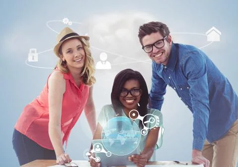 Portrait of happy executives using digital tablet and networking interface Foto stock