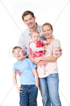 Portrait of happy family of four persons on a white background Stock Photos