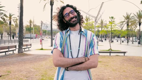 Portrait of happy hipster guy smiling wearing a shirt looking at camera and Stock Footage 248295293