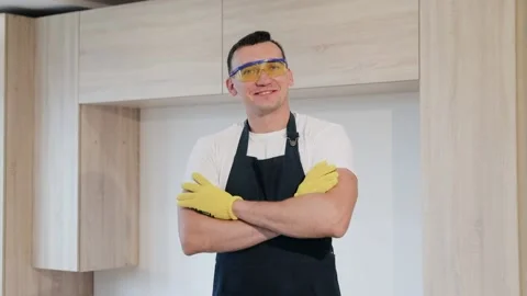 Portrait of happy man carpenter at work in new house inside apartment building Stock Footage 130452557