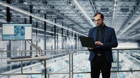 Portrait of happy man reviewing microchips plant analytics using laptop Stock Footage 333379669