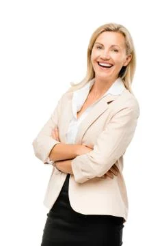 Portrait of happy mature business woman middle aged woman smiling isolated on Stock Photos