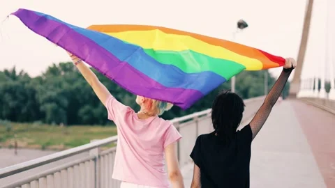 Portrait of happy non-binary couple waving rainbow flag Stock Footage 161019361