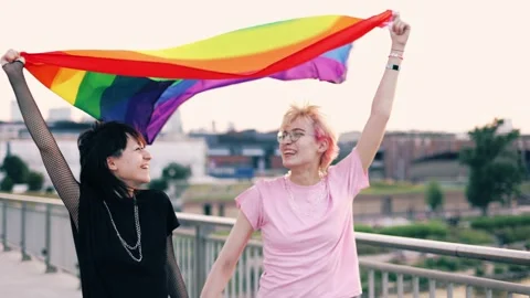 Portrait of happy non-binary couple waving rainbow flag Stock Footage 161019513